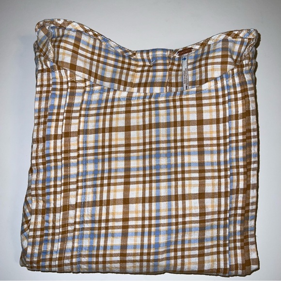 Free People Tan/Blue Plaid Back Button Up Puff Sleeve Blouse Sz S - Picture 15 of 15